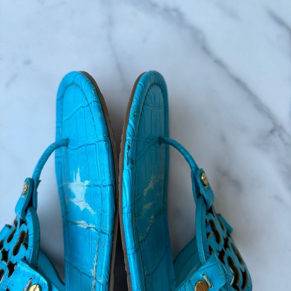 Tory Burch Flip Flops Miller Turquoise Leather Sandals - Picture 5 of 10